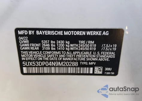 2022 BMW X3 xDrive30I z USA, uszkodzony, nr VIN 5UX53DP04N9M20288
